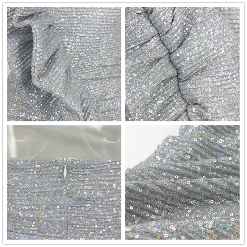 Женское мини платье без бретелей Fuedage серебристое облегающее с рюшами открытой