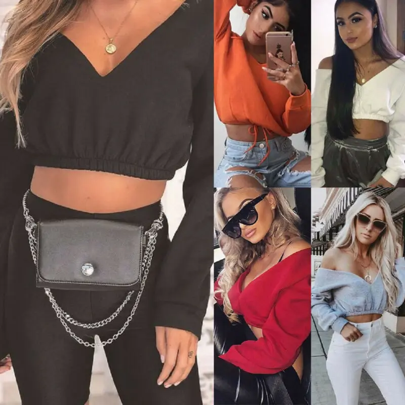 New Womens Tops Autumn Crop Hoodies Women Long Sleeve Deep-V Neck Top Off Shoulder Sweatshirts Sexy Casual Tops