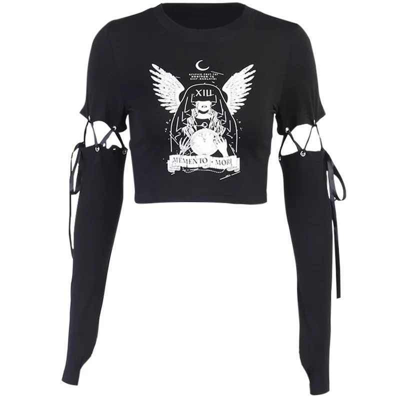 

Gothic Dark Academia Clothes Punk Patchwork Tie Hole Long Sleeves Crop Top T-Shirt TShirt Tee Skinny Halloween Costume Harajuku