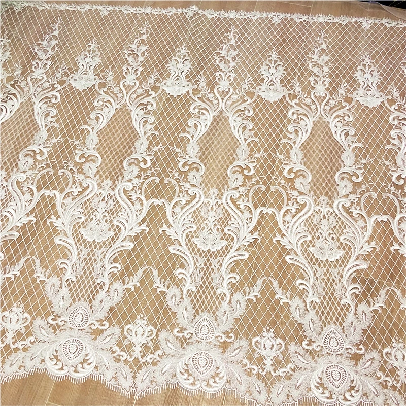 

Checked lace fabric high quality European wedding dress gowns lace fabric 1 meter, Ivory color, cording lace without sequins