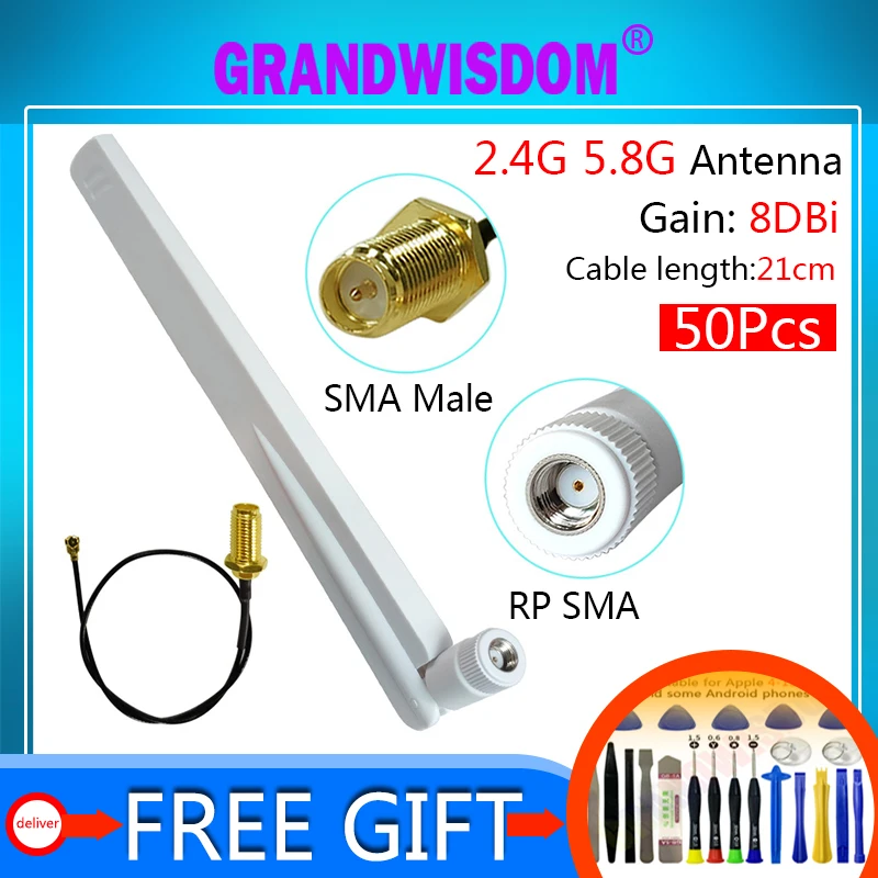

50Pcs 2.4G 5.8G 8dBi WiFi antenna RP-SMA Antenne iot pbx white Aerial antena Router PCI U.FL IPX to SMA Male Pigtail 21cm Cable