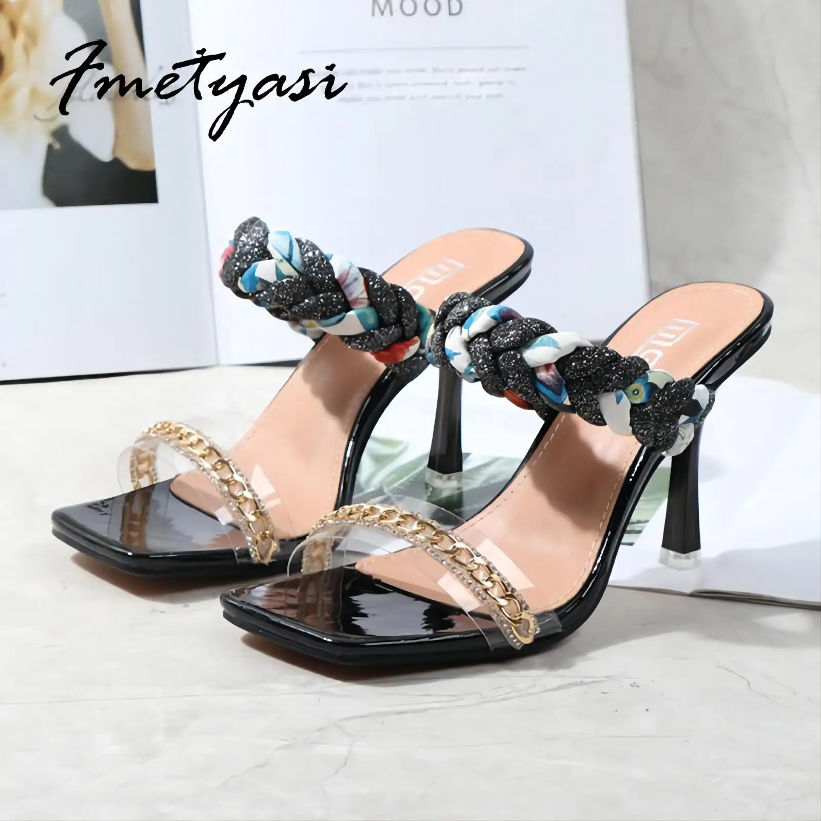 

2022 New Weave Women Sandals Summer Sexy Square Open Toe High Heel Fashion One-character Chain Color Matching Braided Belt Shoes