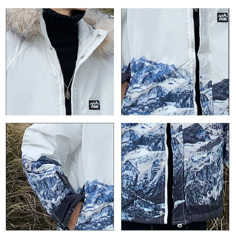 High Street Printing Hooded Fur Collar Cotton-padded Jacket Men's Autumn and Winter Loose Thick and Fleece Tooling Padded Jacket