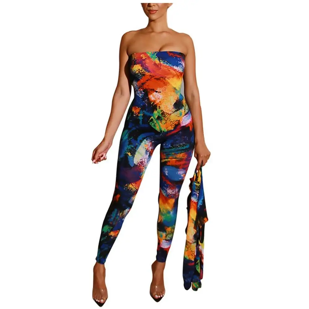 Обтягивающий женский комбинезон с принтом многоцветный Повседневный