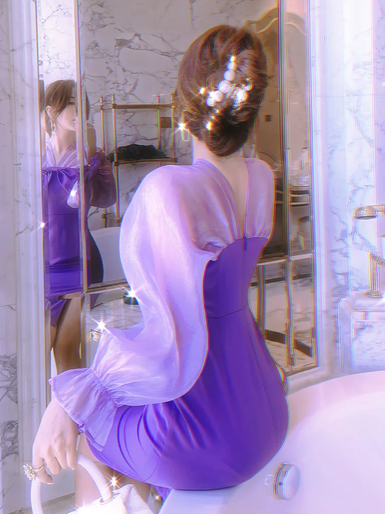 

Purple Dress 2021 New Autumn Bow High End Celebrity Temperament Lantern Sleeve Split Crowdsourcing Hip Skirt