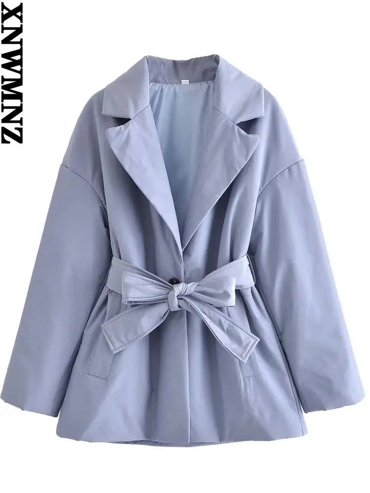 XNWMNZ 2022 water and wind protection quilted jacket with belt coat Women lapel collar long sleeve jacket female Winter Black