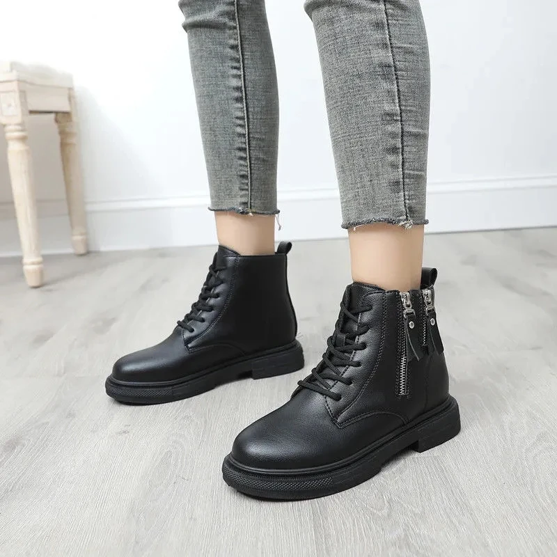 

Black White Leather Boots For Women's Autumn Shoes 2022 Woman Lace Up Martin Boots Girls Streetwear Punk Shoes Female Short Boot