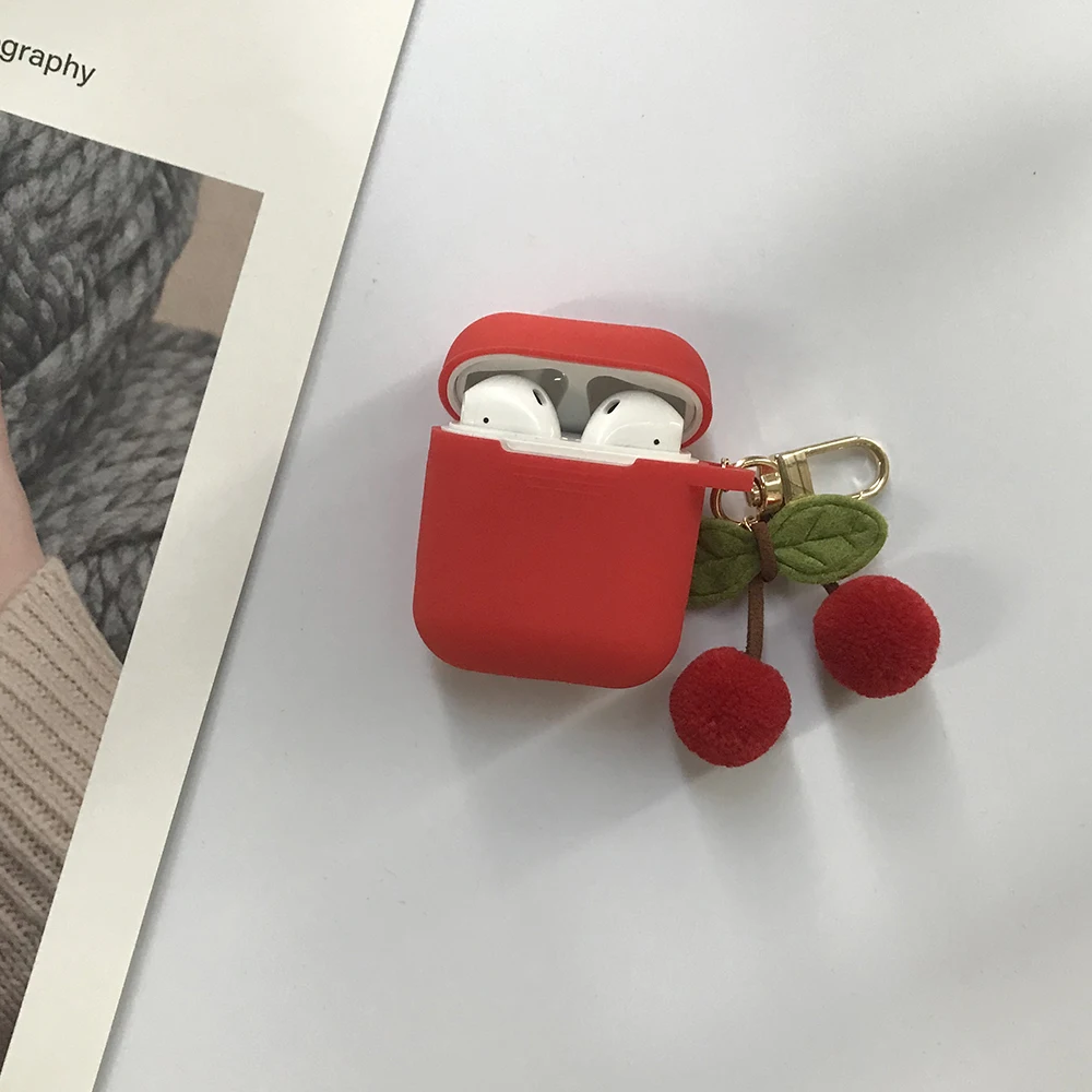 Корейский Вишневый меховой шарик-подвеска для гарнитура для AirPods чехол Bluetooth беспроводной защитный чехол для Apple AirPods чехол cherry Keychian