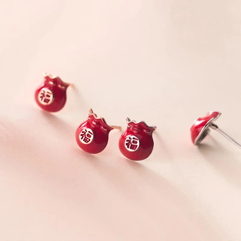 

PONYKISS Trendy 925 Sterling Silver Luck Red envelope Blessing Stud Earrings for woman Party Fine Jewelry Wholesale Accessory