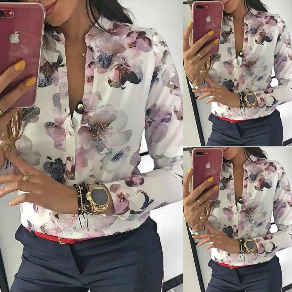 

Women Blouses Fashion Office Shirt Floral Printed Shirt Casual Long Sleeve Round Collar Tops Plus Size XL Ladies Tops