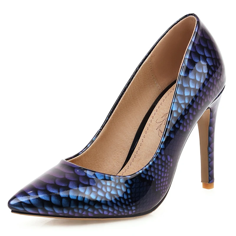 Туфли лодочки женские на каблуке со змеиным принтом серебристые синие