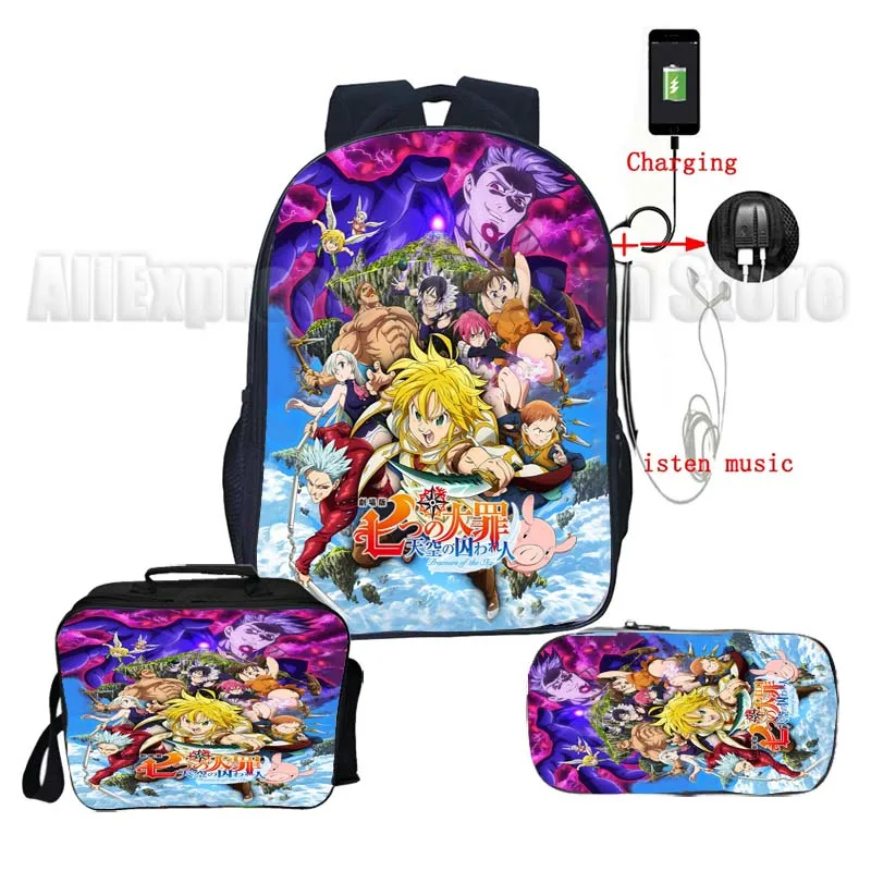 Kids The Seven Deadly Sins Backpack 3pcs Set Boys Girls USB Travel Bagpacks Students Anime School Bags with Lunch Bag Pencil Box - купить по