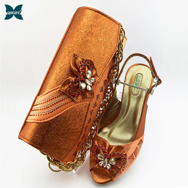 2020 Модные женские сандалии оранжевого цвета и сумочка в комплекте нигерийском