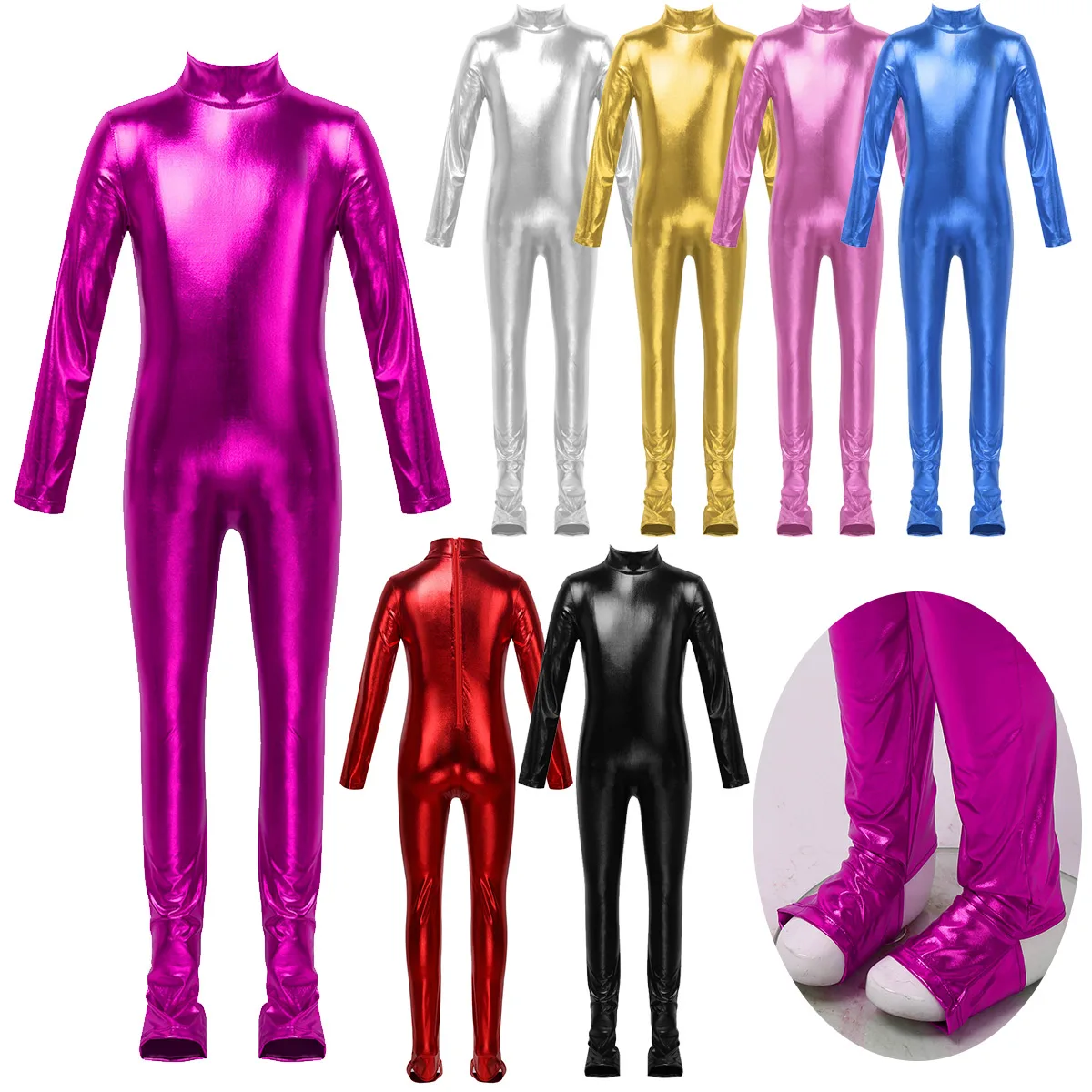 

Kids Girls Metallic Gymnastics Leotard Long Sleeves Zippered Back Bodysuit Ballet Shiny Dance Costume Jumpsuit Unitard Dancewear