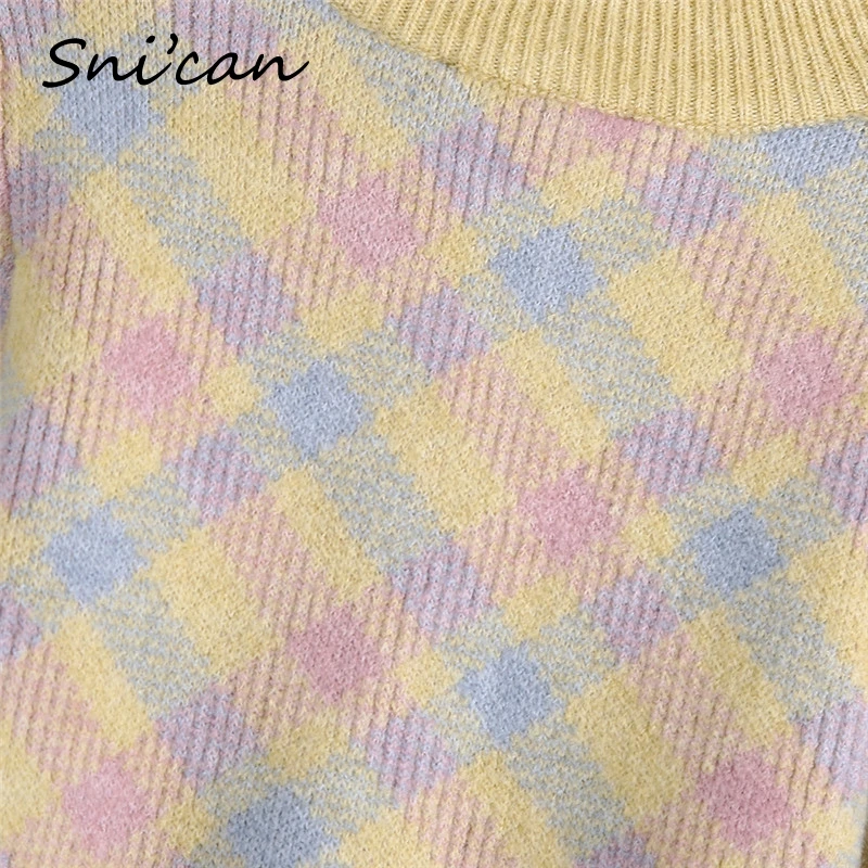 

Snican Yellow Pink Winter Long Sleeve Crewneck Women Plaid Sweater Za 2021 Vintage Female Pulls Femme Automne Hiver Jumper Mujer