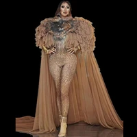 women cape and jumpsuit set party personality lion mesh big cloak stage jumpsuits cosplay costumes singer performance outfits
