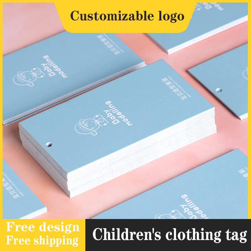 

Customized Children's 600g coated Tags Logo Clothing Clothes Size Label Design Production Price Trademark Hanging Card MQQ50pcs