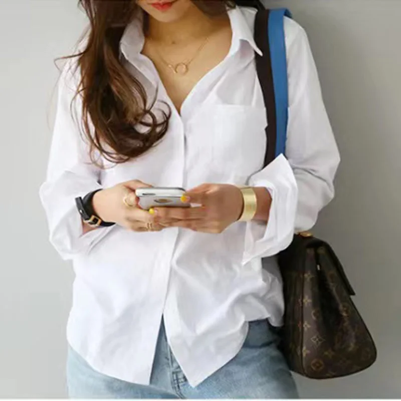 

Women White Shirt Casual Long Sleeve Turn-Down Collar Blouses Office Ladies Ol Style Top Female Loose Single-Breasted Shirts
