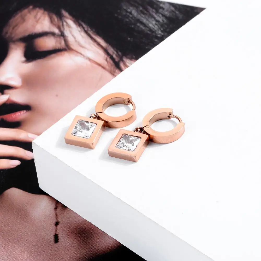 Rose Gold Color Square inlay CZ Hoop Earrings For Women Stainless Steel Ear Jewelry Gift Drop Shipping | Украшения и аксессуары