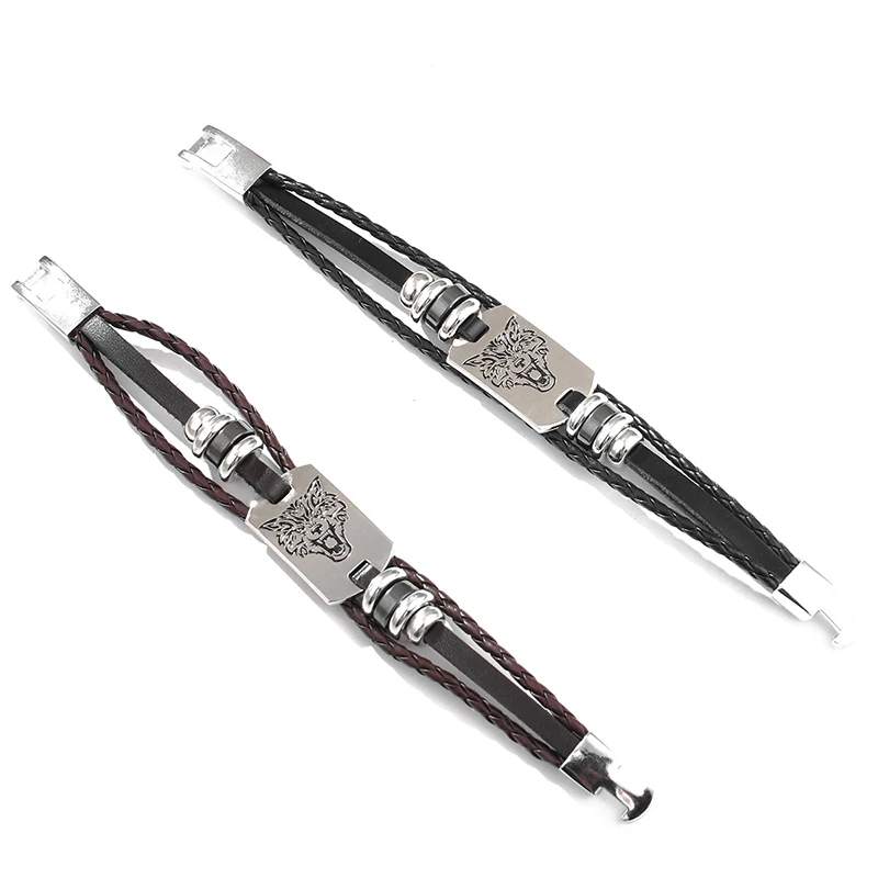 Многослойный кожаный браслет из нержавеющей стали с изображением головы волка в