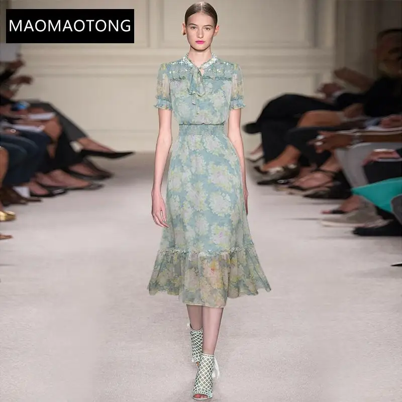 

Fashion Designer Dress Summer Women's Dress Beaded Crystal Short Sleeve Elastic Waist Floral-Print Chiffon Dresses