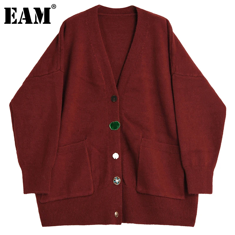 

[EAM] Красный Вязаный Кардиган большого размера, свитер, свободный крой, v-образный вырез, длинный рукав, Женская Новая мода, Осень-зима 2022 1DE4917
