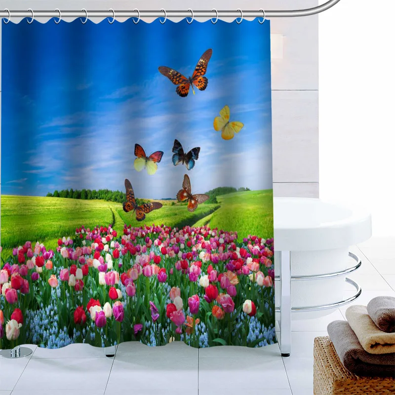 ShunQian Custom Butterfly Shower Curtain Polyester Fabric Bath Screens Curtains For Bathroom 3D Waterproof Hook | Дом и сад