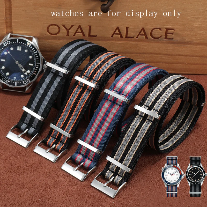 Полосатый нейлоновый ремешок для часов 20 мм мужской браслет с пряжкой язычком Omeg