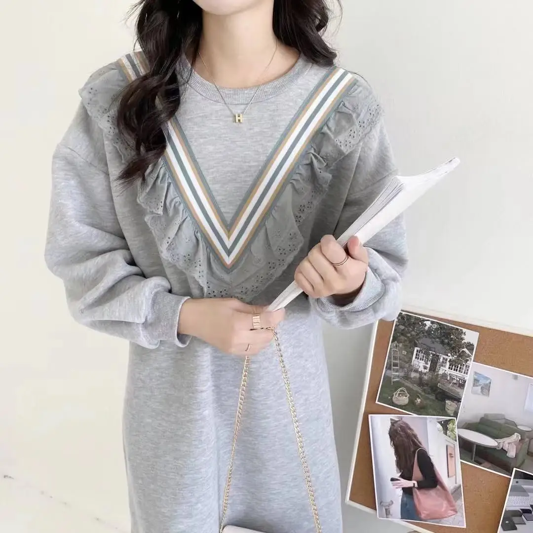 

South Korea Ins Winter Plus Velvet round Neck Pleated Frilled Sweater Dress Mid-length Loose over Knee Color-Matching Dress