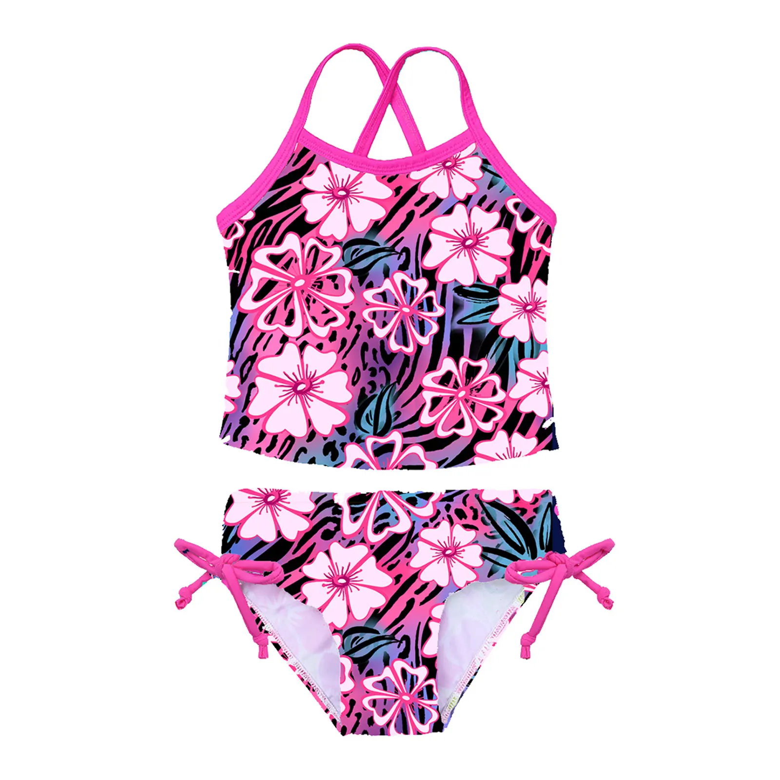 

Kids Girls Tankini Bikini Swimwear Floral Printed Swimsuit Bathing Suit Crop Tops with Briefs Set Children Beachwear Outfit