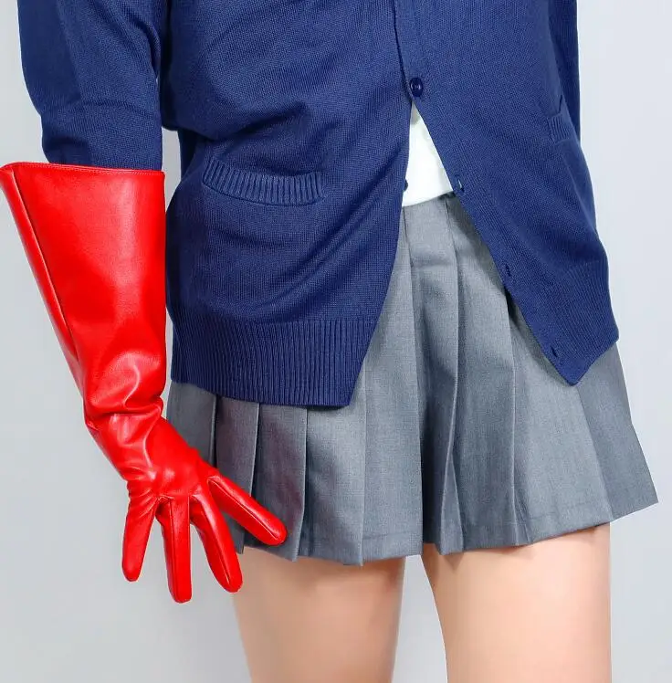 

Women's fashion wide sleeve pu leather glove lady's club performance formal party leather red long glove 38cm R2470