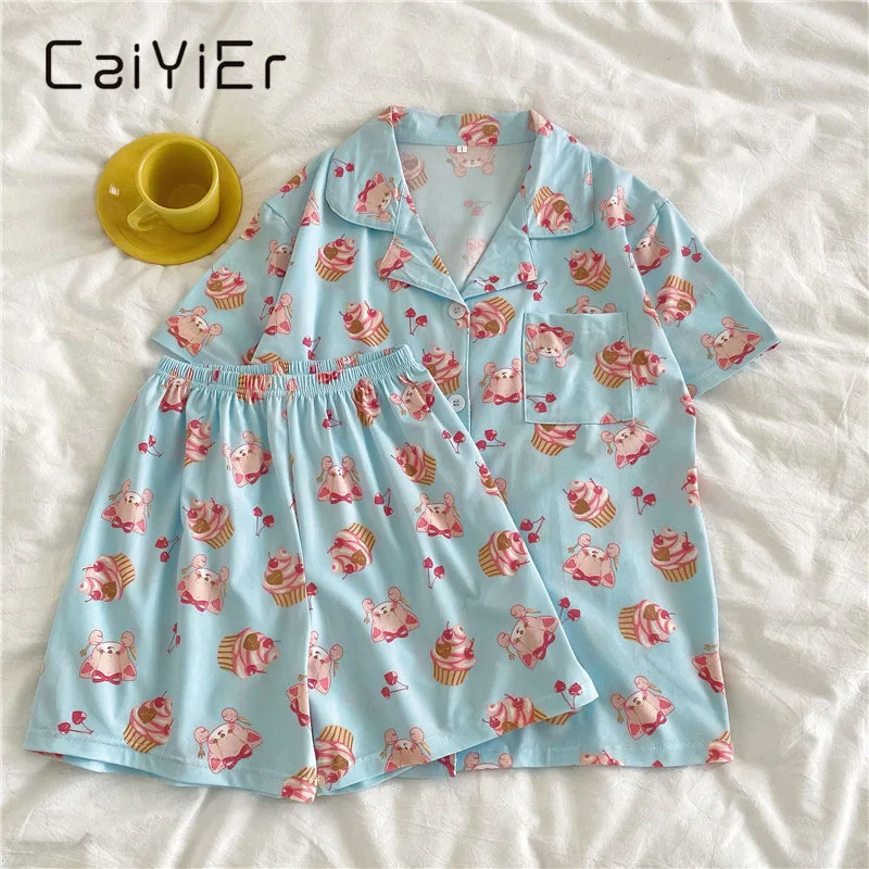 CAIYIER New Women Pajamas Suit Summer Short Sleeve Cute Pink Ice Cream Print Sleepwear Girl Leisure Pyjamas Leisure Wear Shorts