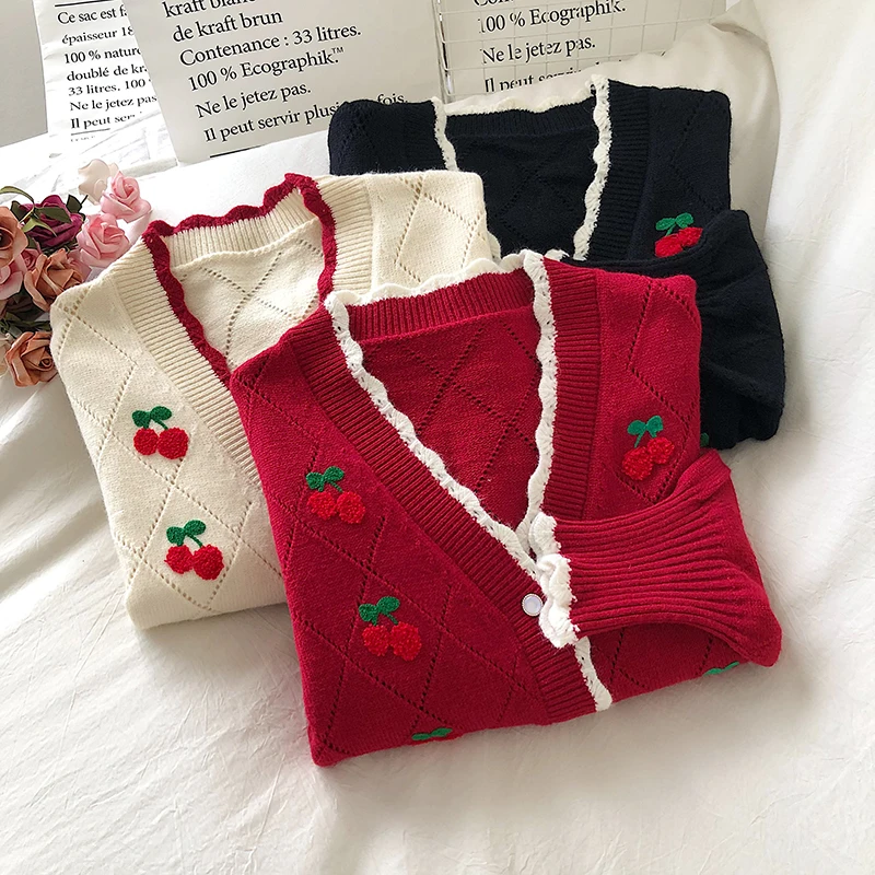 

Cherry Embroidered Elegant Knitted Cardigans Women Autumn Single Breasted Puff Sleeve Sweater Coat Harajuku Loose Short Knitwear
