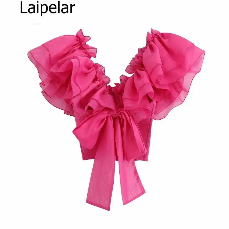 

Women Fashion Transparent Organza Pleat Ruffles Patchwork Knitting Short Smock Blouse Back Bow Tie Chic Shirt Female Tops