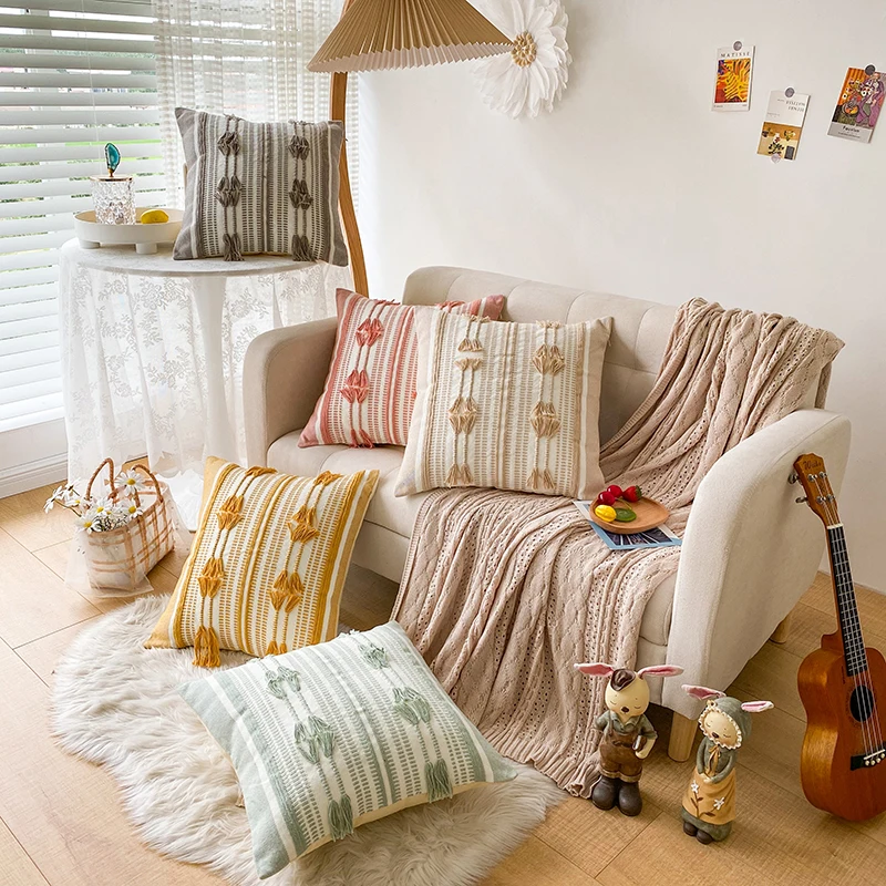 

Modern Simple Fresh Tassel Cushion Cover Flower Cutting Pillow Case Soft Breathable Washable Reactive Printing Pillows Cover