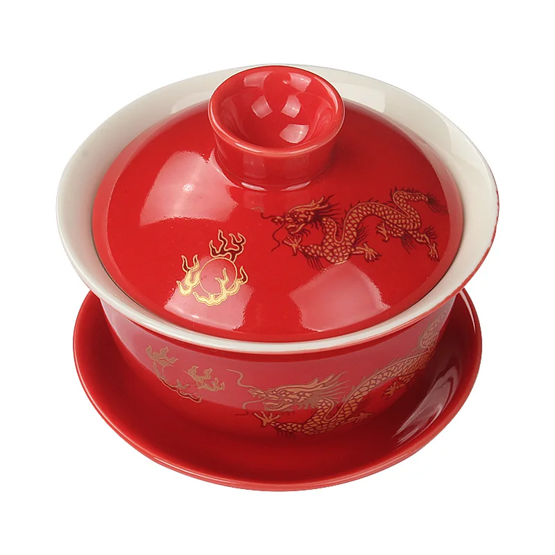 160 мл красный Golden Dragon Sancai миска с Керамика чайный набор кунг-фу Ретро чаша для чая |