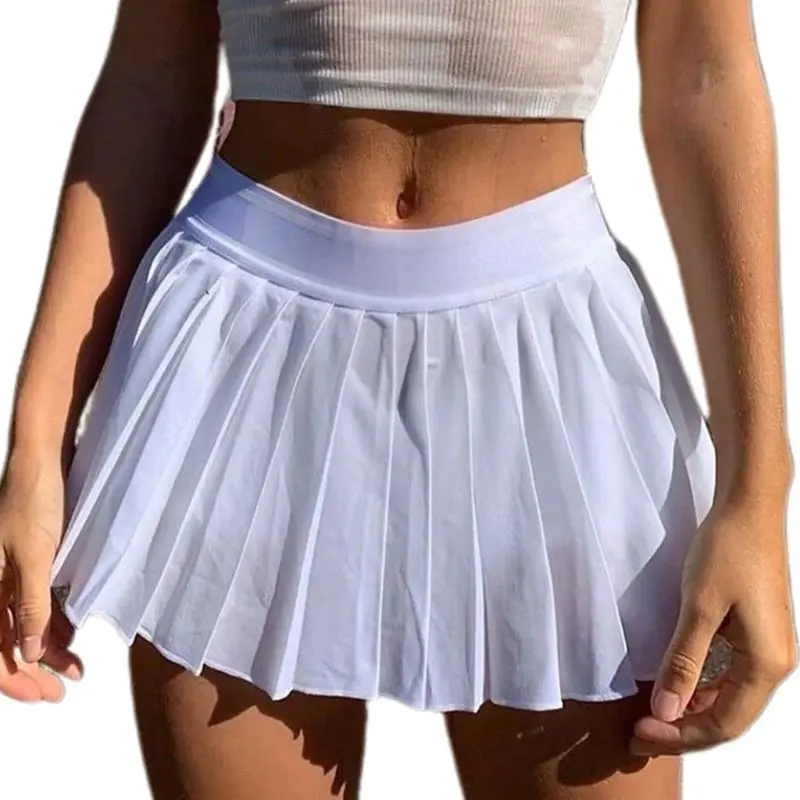 

Women Solid Color Pleated A-Line Mini Skater Skirt with Safety Under Flared High Waist Tennis Sports School Girl Uniforms Costum