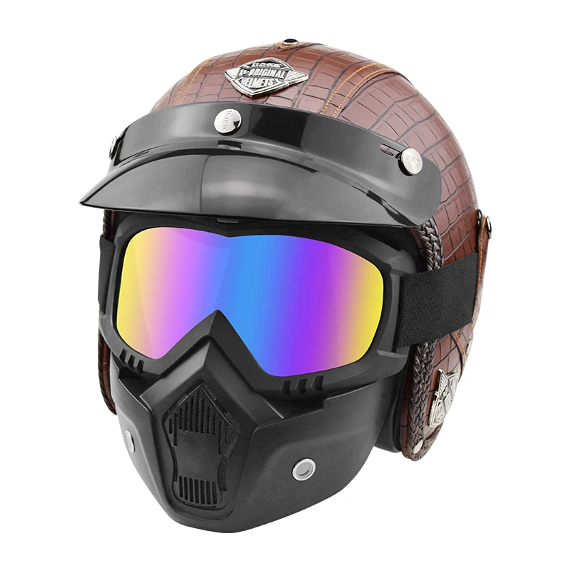 

PU Leather Open Face Helmet Motor 3/4 Motorcycle Helmets Visor Vintage Motorbike Headgear with Visor for Helmet Motocross