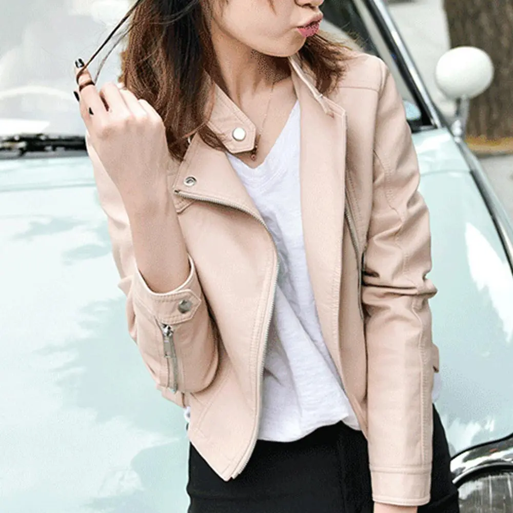 Женская байкерская куртка из искусственной кожи черная Повседневная тонкая