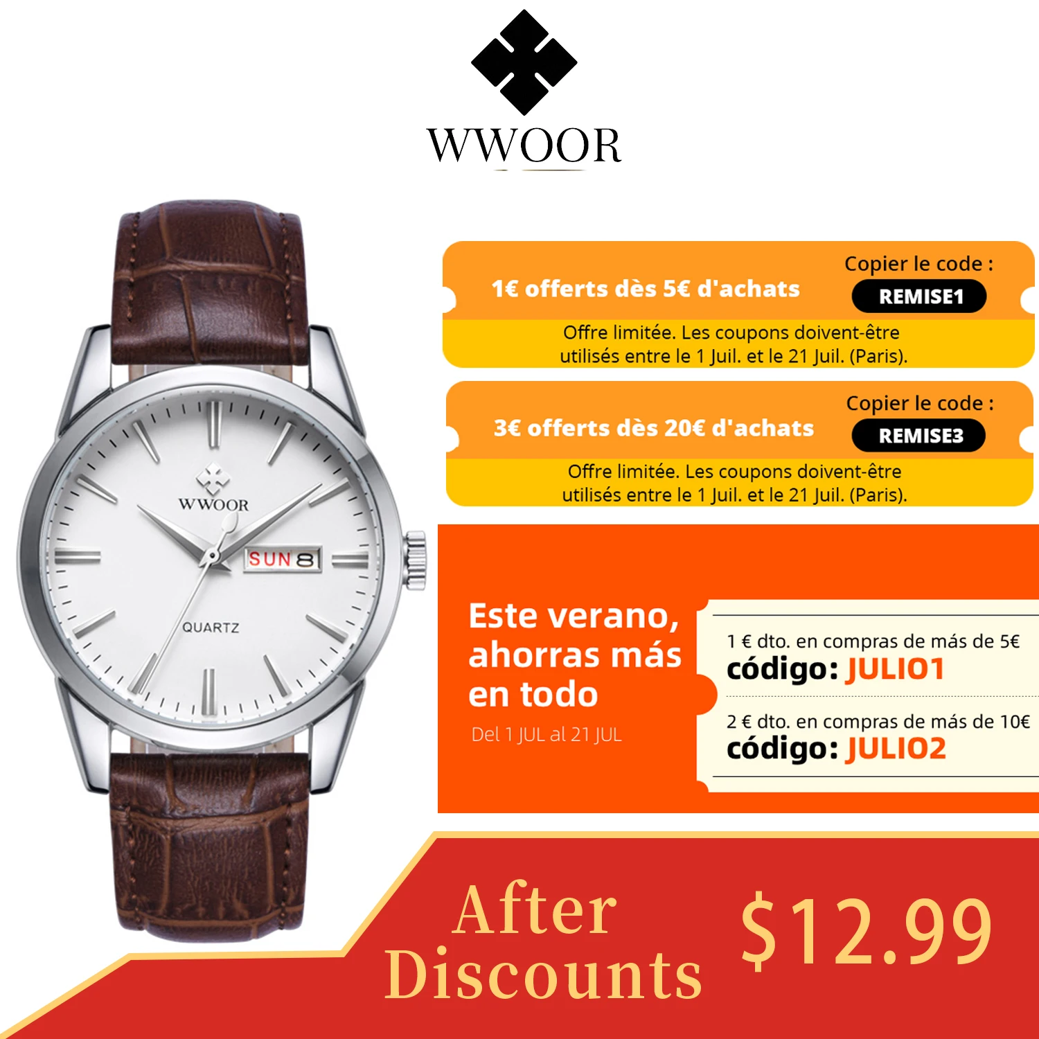 

WWOOR Leather Men's Watch Top Brand Luxury Date Waterproof Watches Mens 2021 Casual Quartz Wrist Watch For Men Relogio Masculino