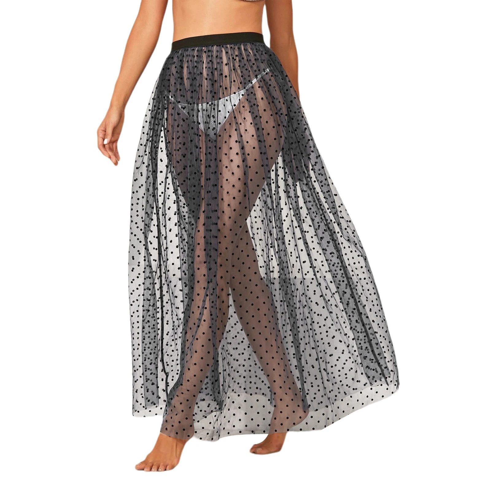 

Summer Women\u2019s Beach Vacation Sexy Club Cover Up Skirts Elastic Waist Sheer Mesh See-Through Polka Dots Print Skirt Hot
