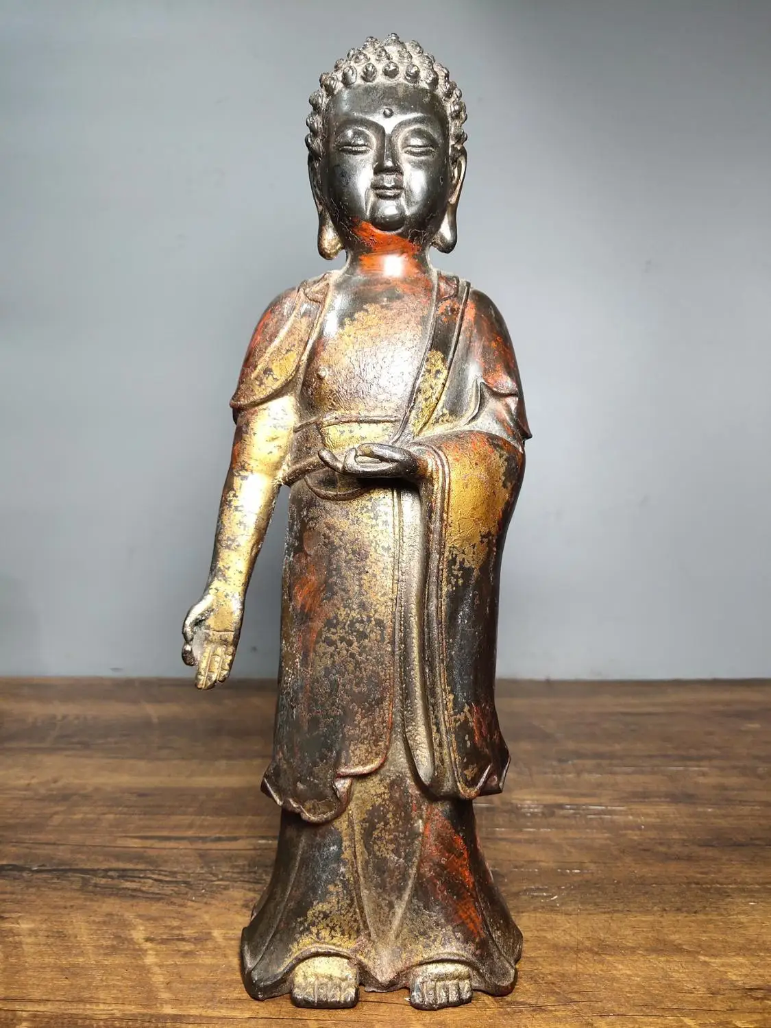 

Home Decor 12" Tibet Buddhism Temple Old Bronze Cinnabars Shakyamuni Buddha Statue Standing buddha Enshrine the Buddha