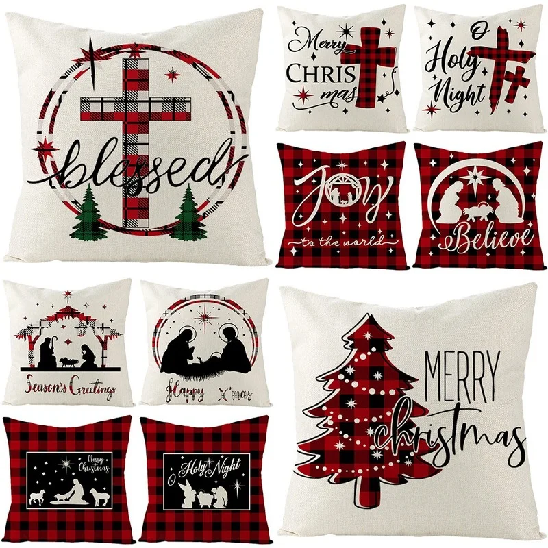 Christmas Decoration Cushion Cover 45x45cm Buffalo Lattice Plaid Printed Linen Pillow Covers Xmas Home Festive Decor Pillowcase
