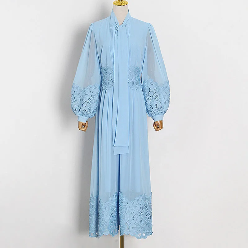 

SeeBeautiful Embroidery Hollow Out Stitching Loose Dress V-neck Lace Bow-knot Lantern Sleeve New Fashion 2021 Spring Women M884