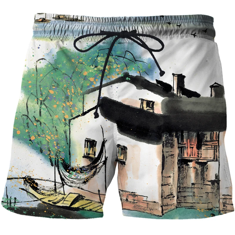 2021 Summer Men Beach Shorts Chinese brush painting Printed Men's Trunks 3D Fashion Street Funny Casual Short Pants With Rope