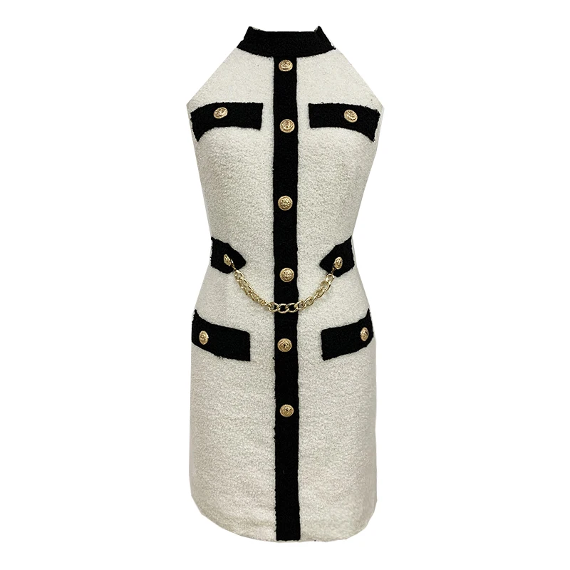 

2020 autumn new tweed lamb hair small fragrance sexy strapless hanging neck wrap metal chain slim dress women