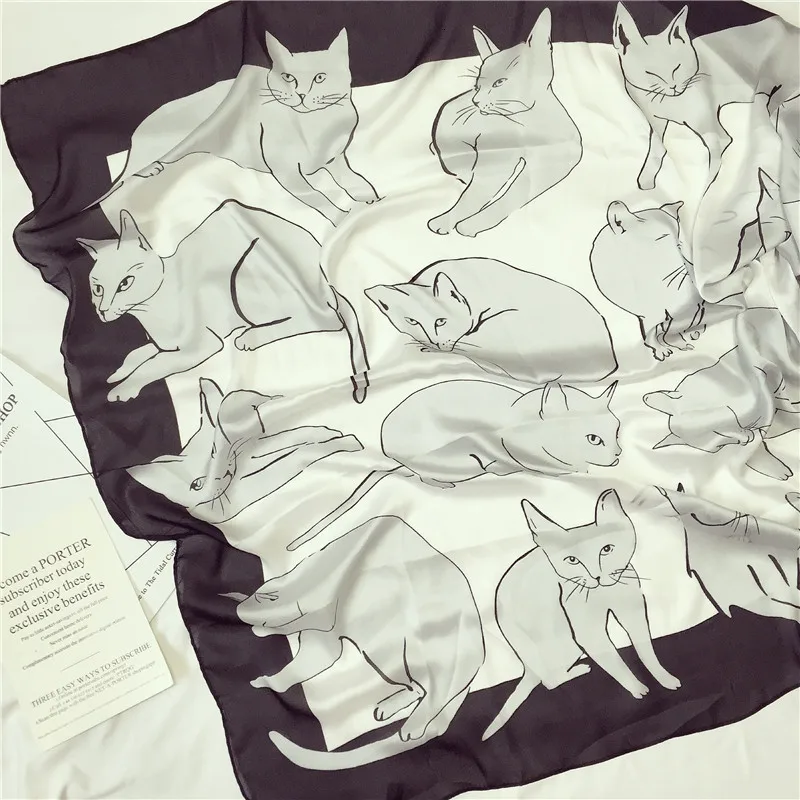 

2019 Women Scarf Fashion Soft Lovely Cat Print Silk Scarves Long Lady Shawl And Wrap Female Summer Sunscreen