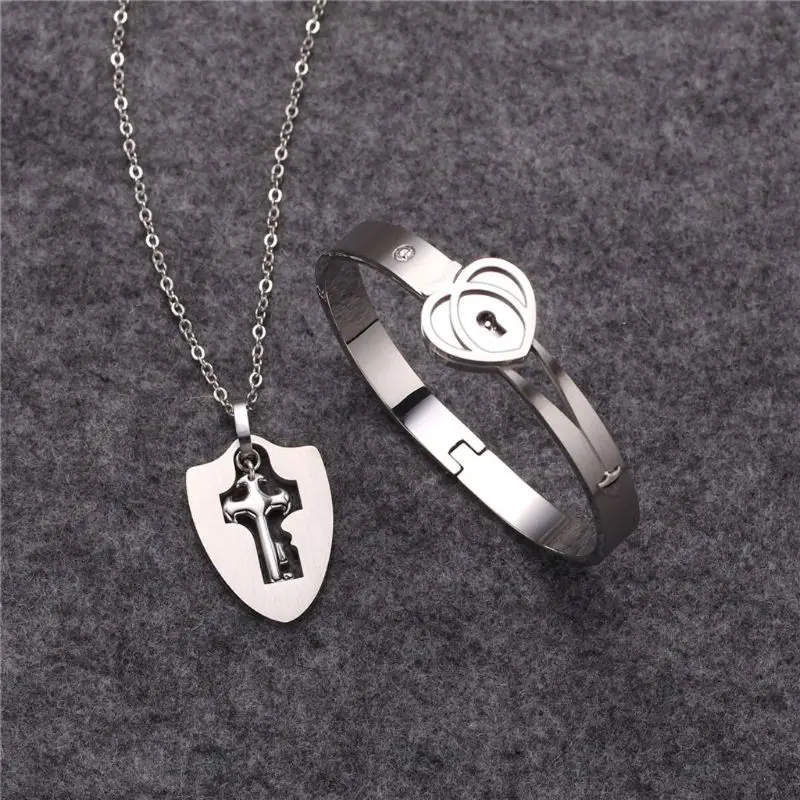 Титановая сталь ключ-сердце замок комплект ювелирных изделий браслет ожерелье