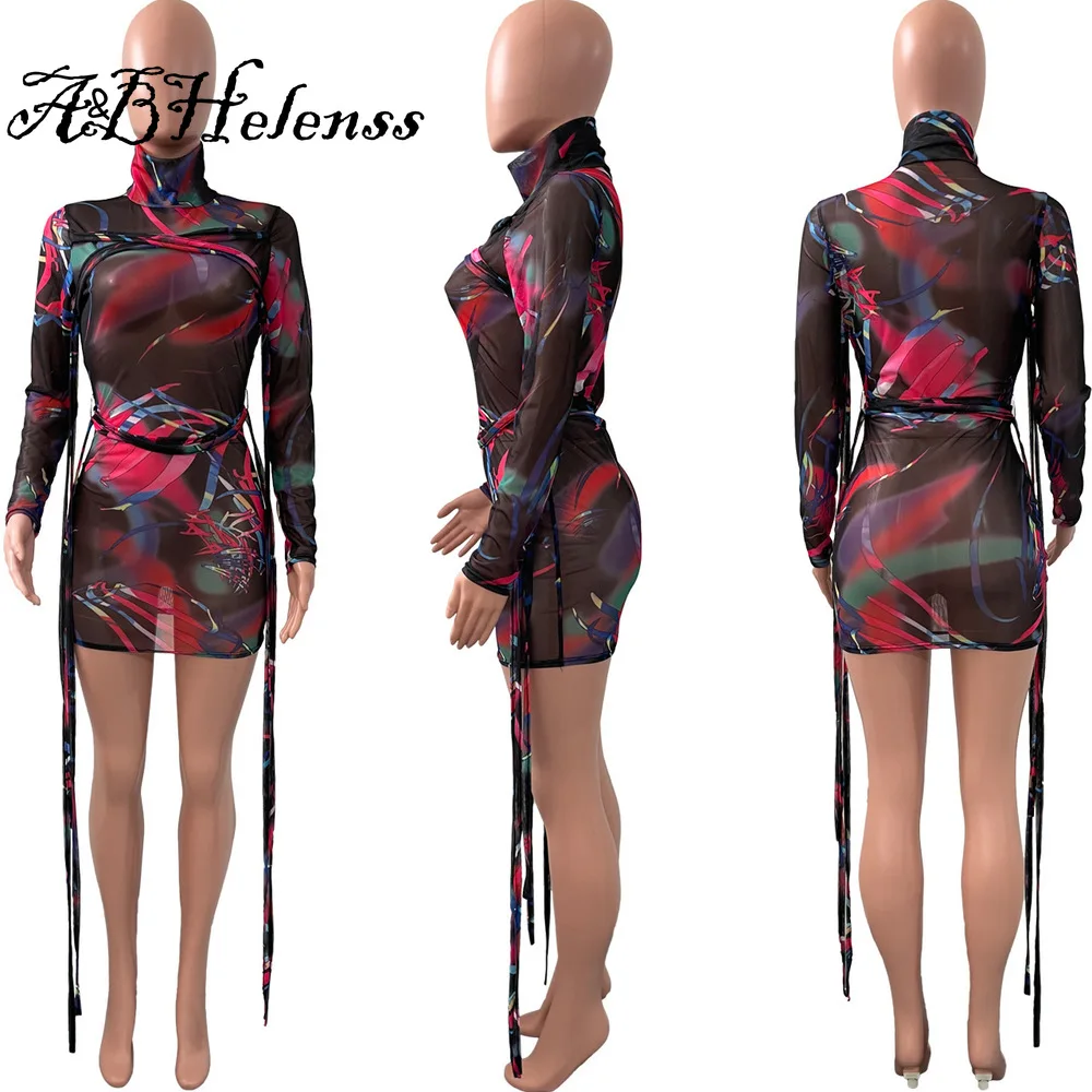 

A&BHelenss Women high necked long sleeve sheer mesh striped patchwork sexy sheath dressparty club dress streetwear summer dress
