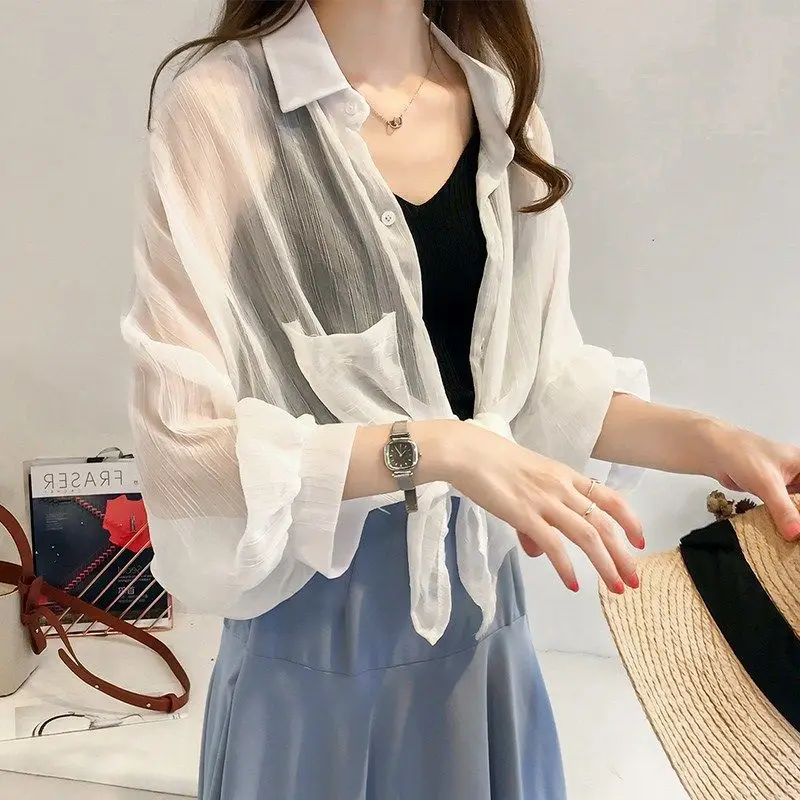 

2021 Summer Women Thin Chiffon Shawl Coat Cardigan Buttons Air-conditioning Shirt Wild Sun Protection Clothing Feminine X70